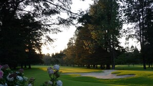 Un parcours de golf avec un bunker de sable, des arbres et des fleurs.