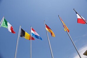 Multiple flags on flagpoles against a clear sky.