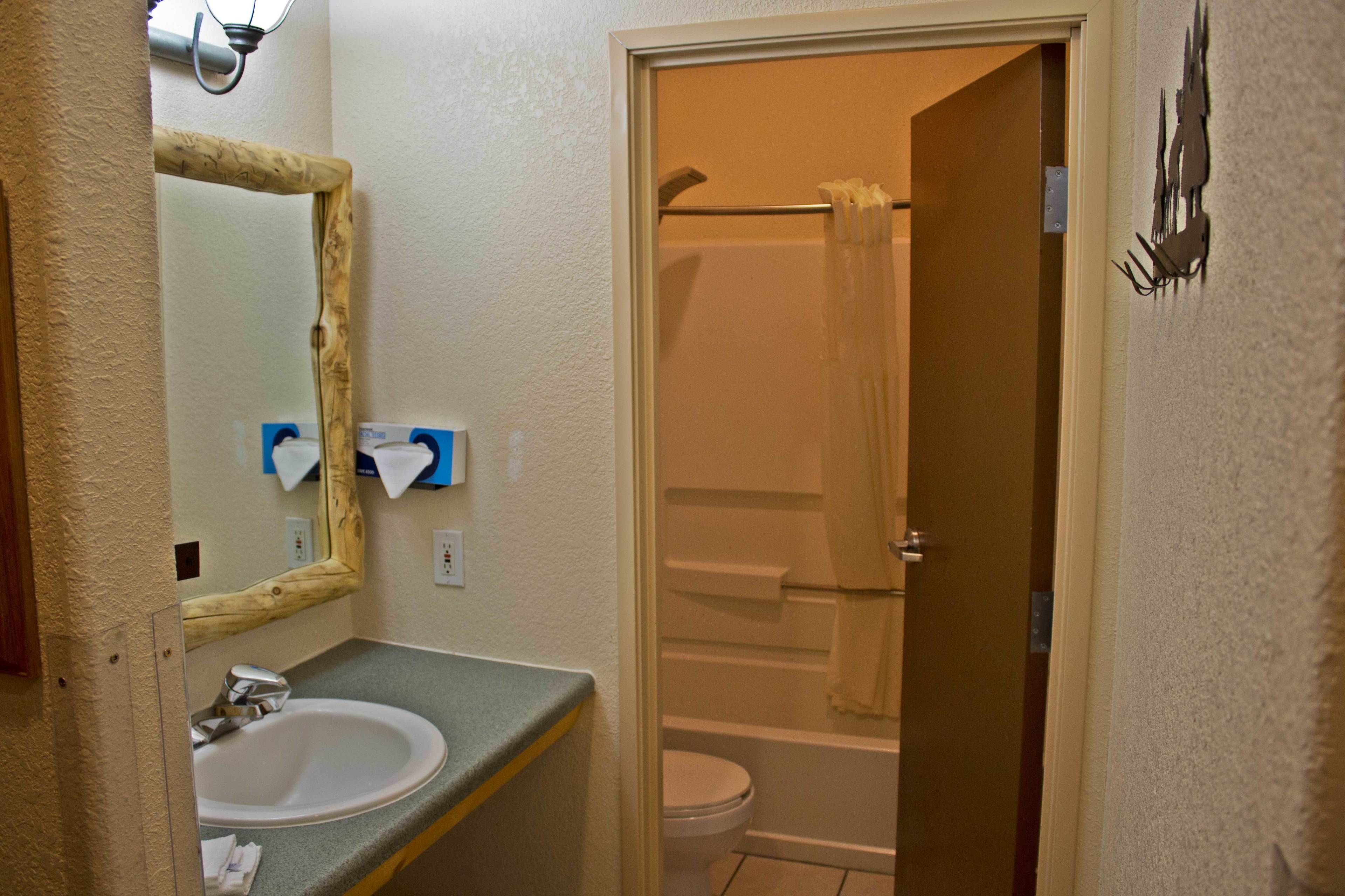 A bathroom with a sink, mirror, and shower.