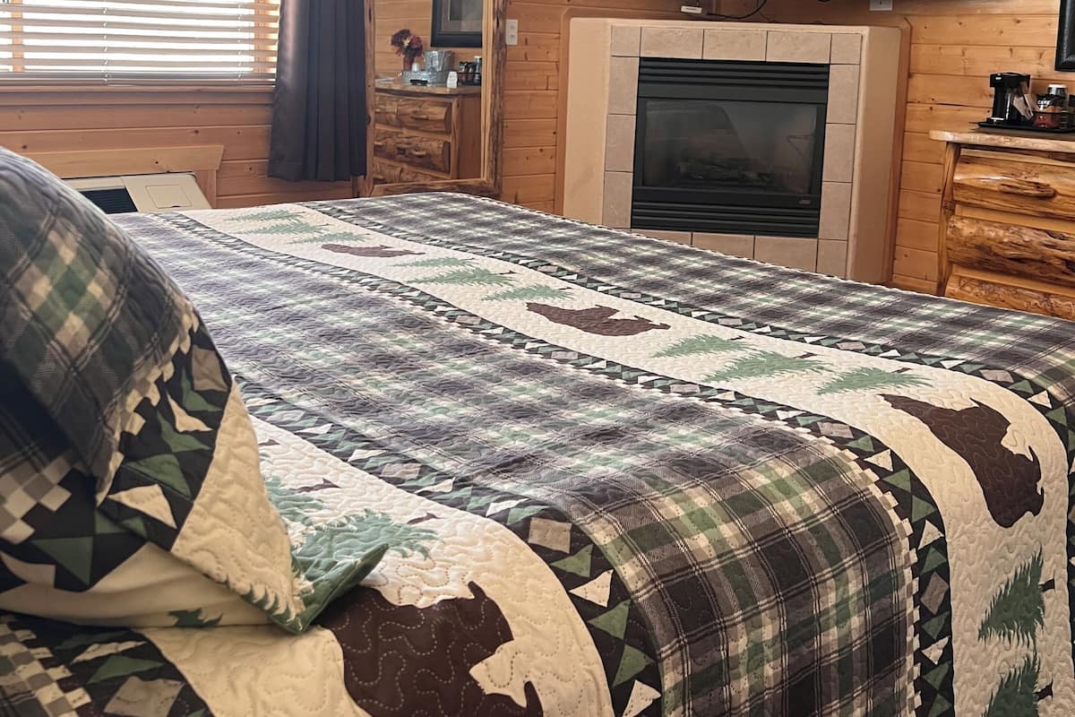 A cozy room with a bed, a fireplace, a TV, and a window with blinds.