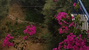 Un balcon orné de fleurs roses, donnant sur une étendue d’eau et une île lointaine.