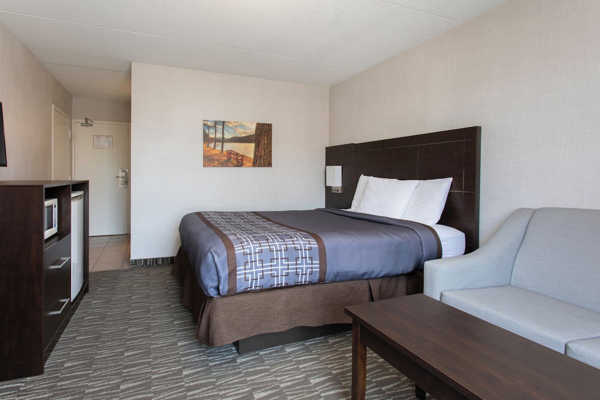 Una habitación de hotel con cama, sofá, escritorio y un cuadro en la pared.