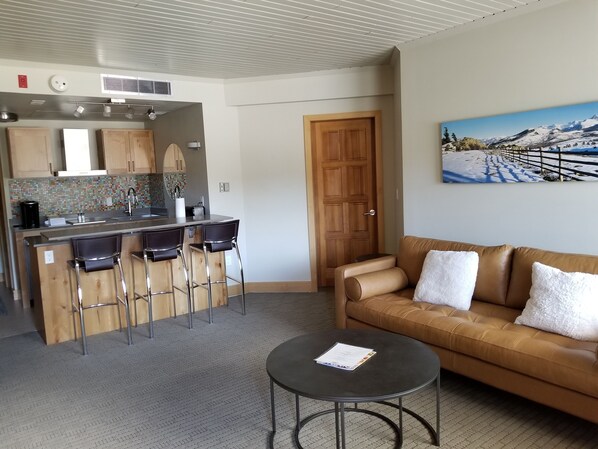 A modern kitchen with a bar area, a wooden door, a brown leather sofa, and a round table with a document. - Ice House Suites and Condominiums (Telluride)