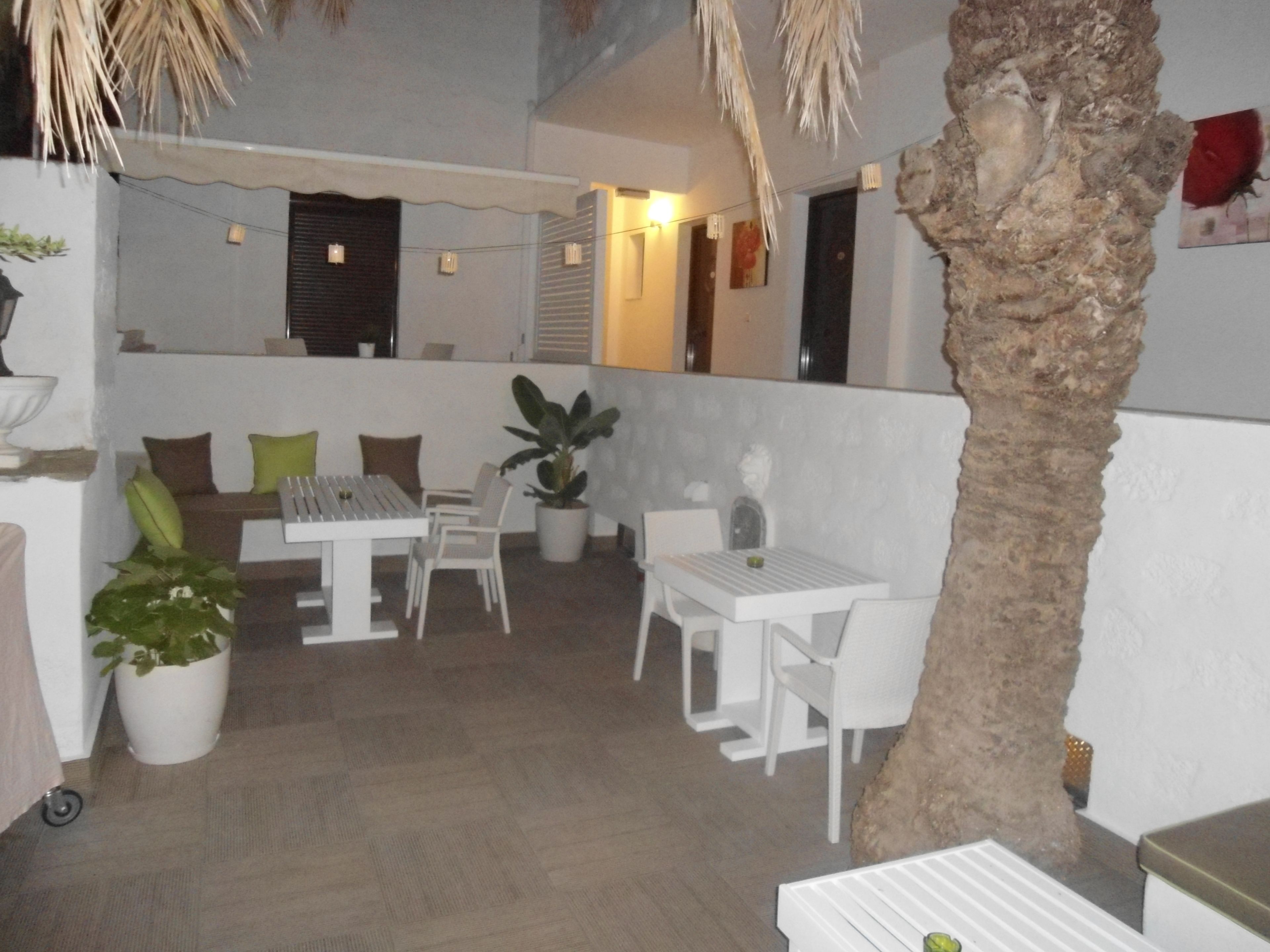 A covered outdoor seating area with white tables and chairs, potted plants, and a palm tree.