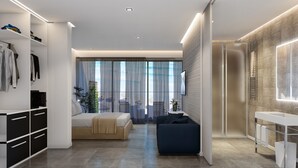 A modern bedroom with a bed, bedside tables, a wardrobe, and a large window with curtains. - Hotel Lampara (Lignano Sabbiadoro)