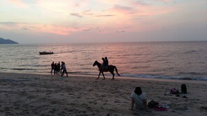 A beach scene with people walking and riding horses, a boat in the water, and a sunset. - D'Feringghi Haus Hotel & Restaurant (George Town)