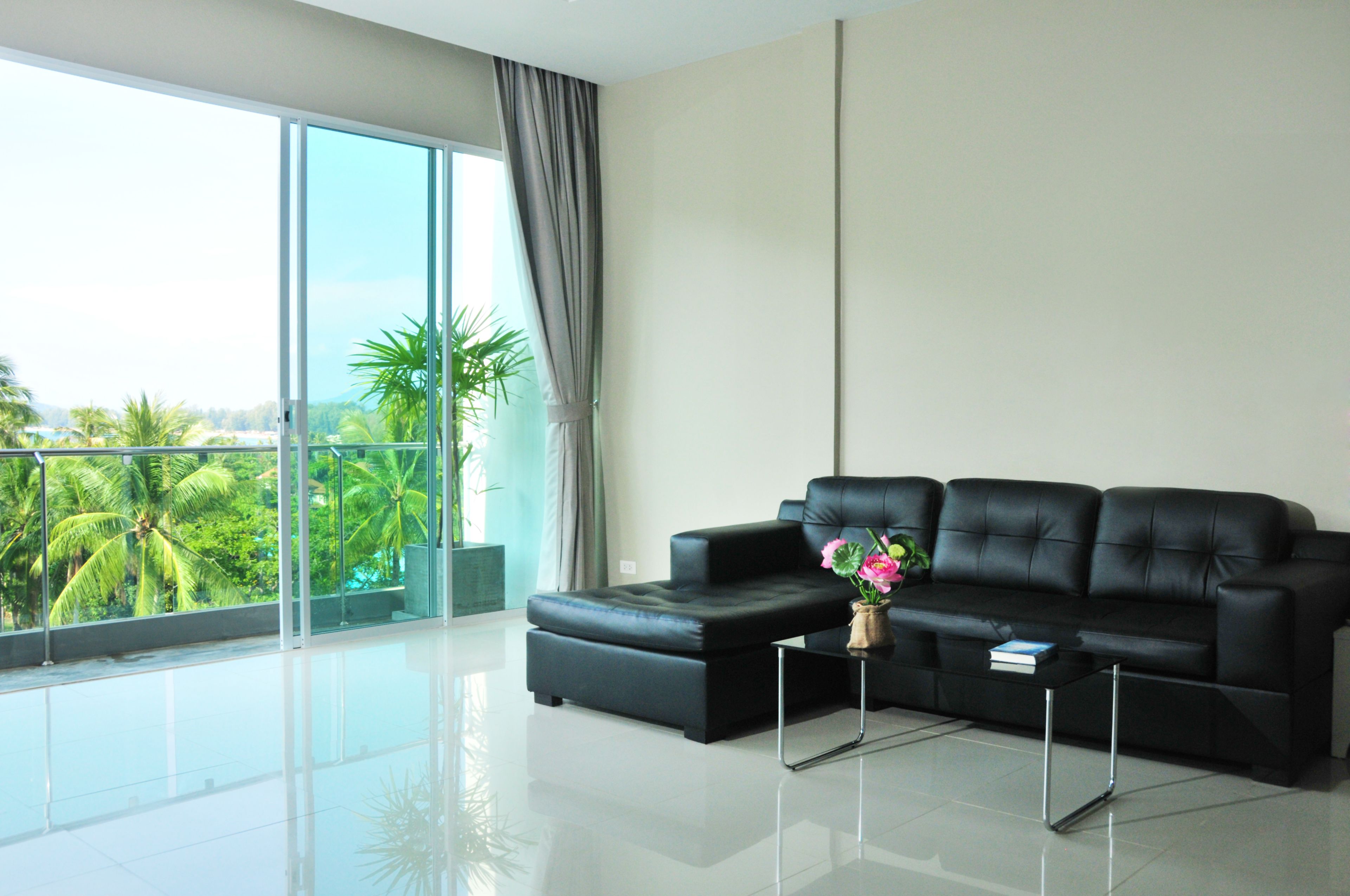 A modern living room with a black leather sofa, a glass coffee table, and a view of palm trees through large windows.
