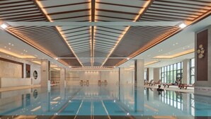 Uma piscina interior ampla com design de teto moderno, paredes de vidro transparente e algumas cadeiras de descanso ao longo das laterais.