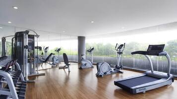 A modern gym with cardio machines, weightlifting equipment, and large windows offering a view of greenery.
