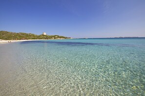A clear beach with shallow water, a distant tower, and a forested hill. - Le Residenze di Sant'Elmo (Castiadas)