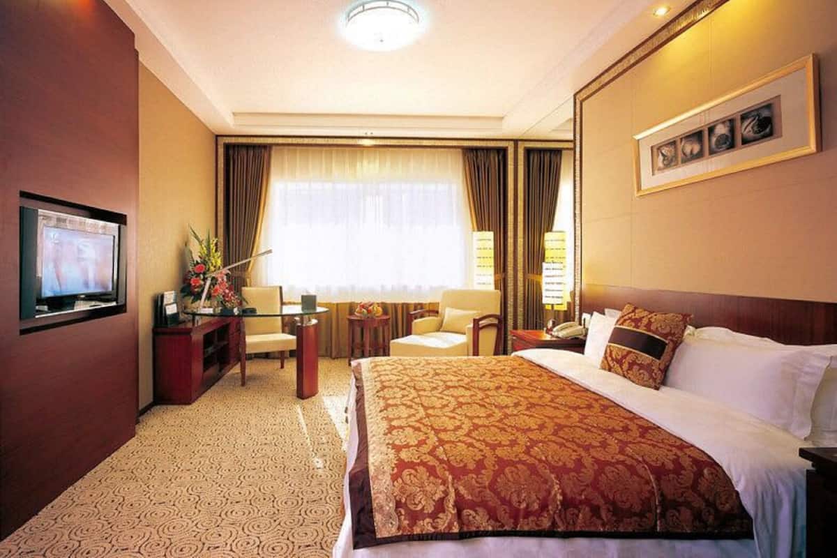 A hotel room with a large bed, a desk, a television, and a window with curtains.