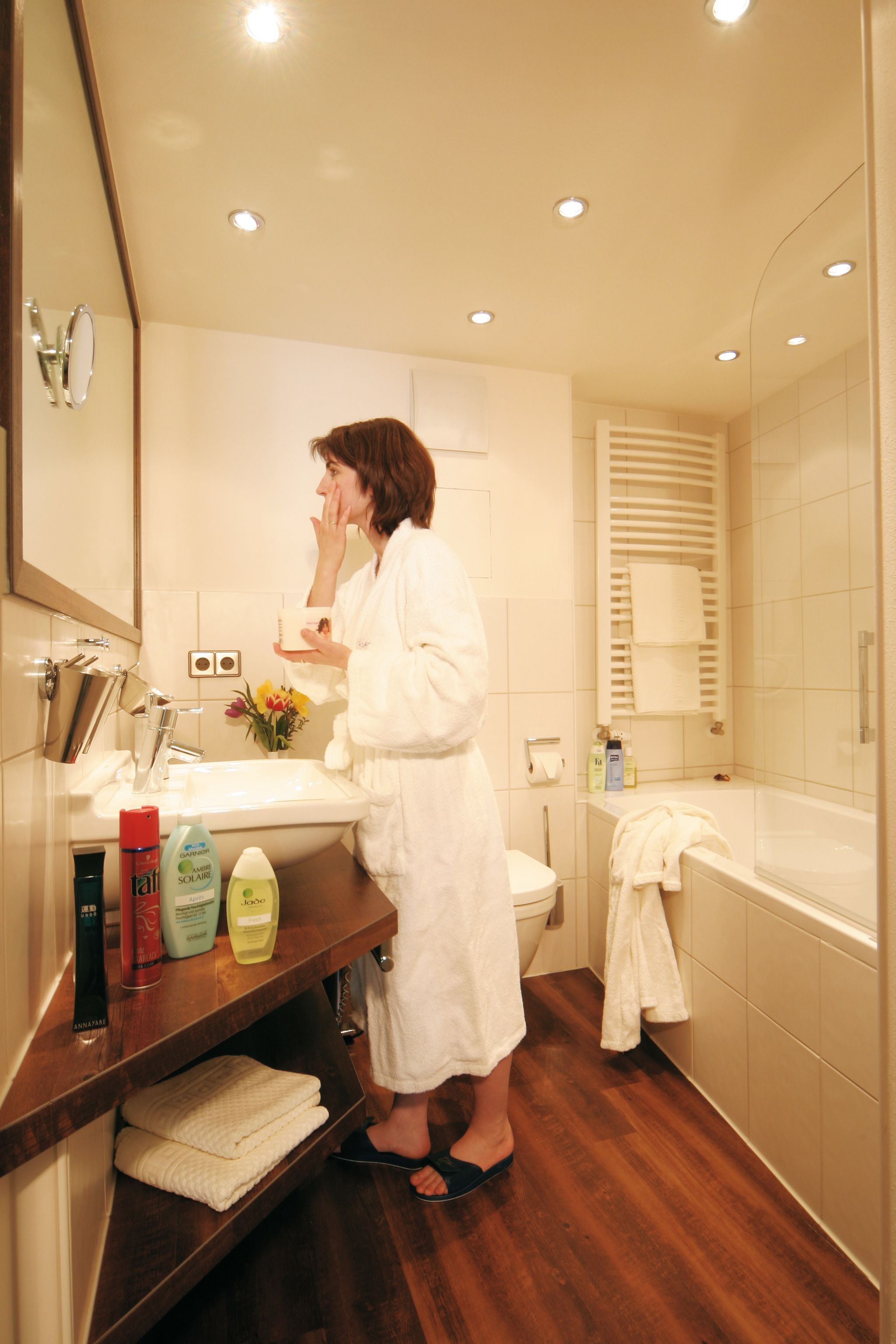 free toiletries, hair dryer, bathrobes, towels