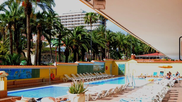 A pool area with sun loungers and palm trees. - Hotel Elegance Palmeras Playa (Puerto de la Cruz)