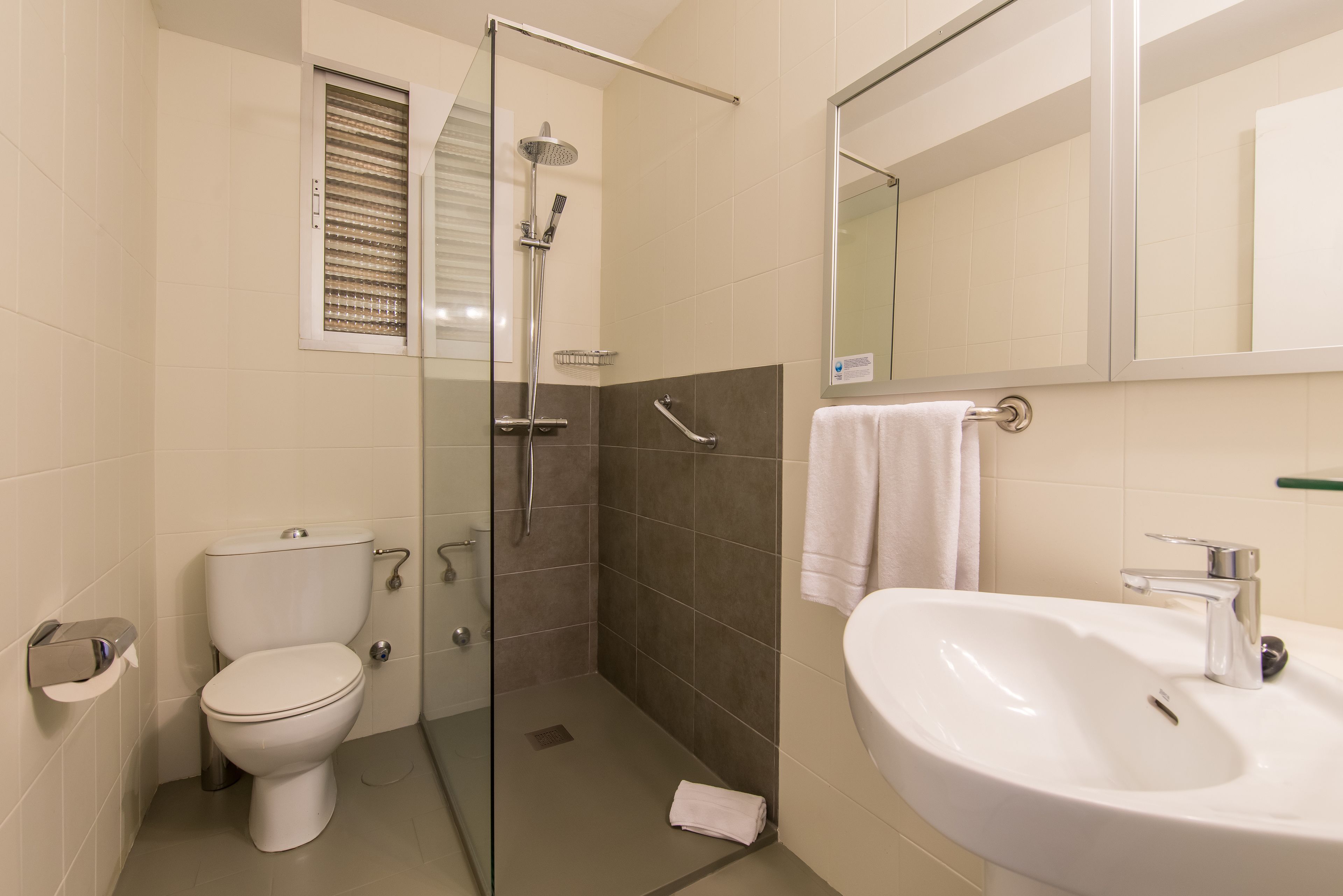 A bathroom with a toilet, shower, sink, and mirror.