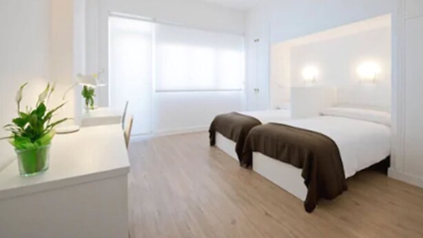 Un dormitorio moderno con una cama, mesitas de noche y una planta en maceta.