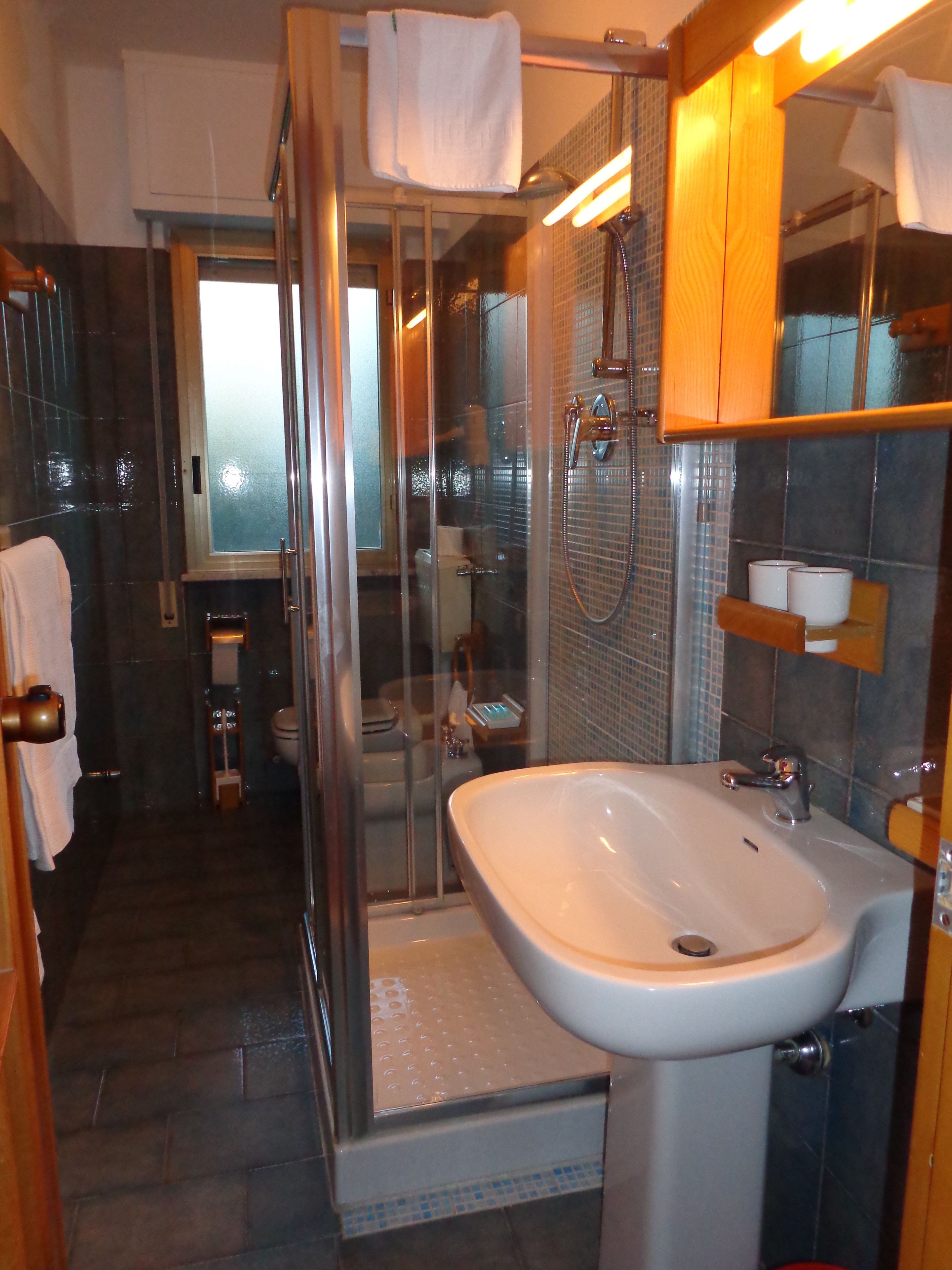 A modern bathroom with a glass shower enclosure, a white sink, and a mirror above the sink.