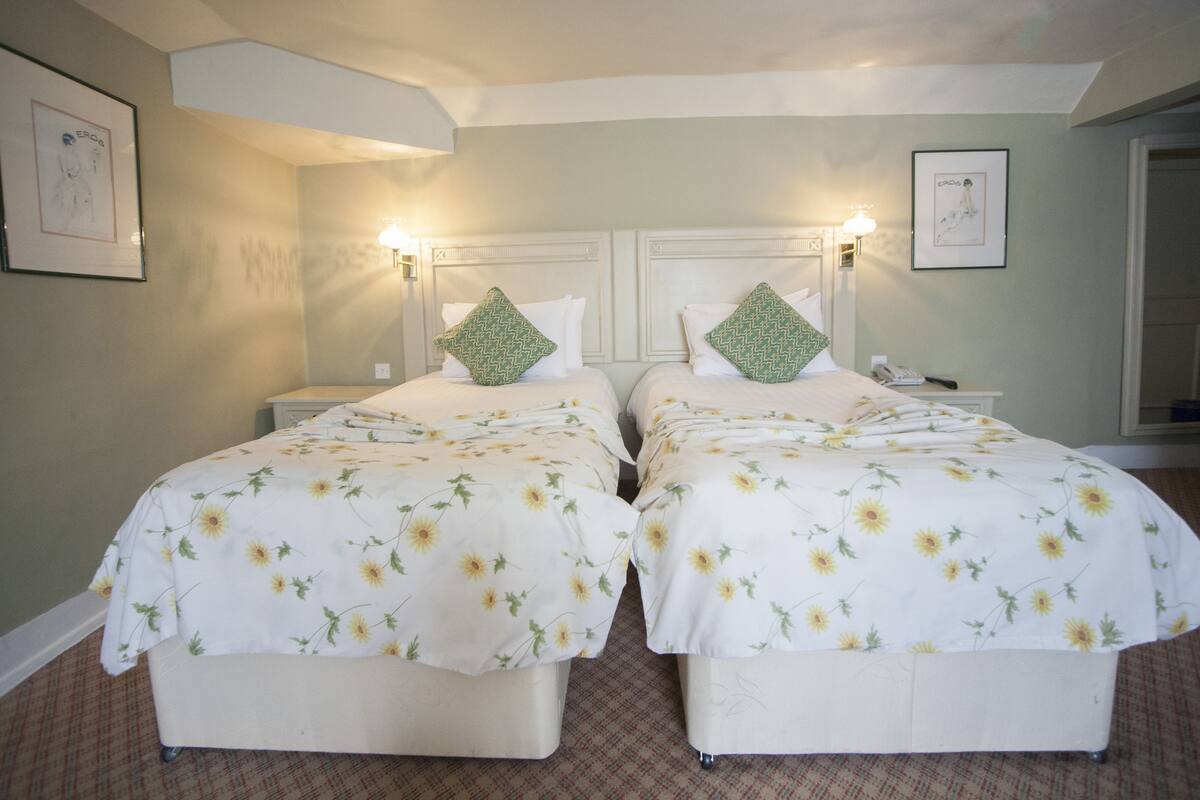 Habitación doble con dos camas, cada una con cubrecama floral y almohadas verdes, una mesita de noche y una mesilla con lámpara.