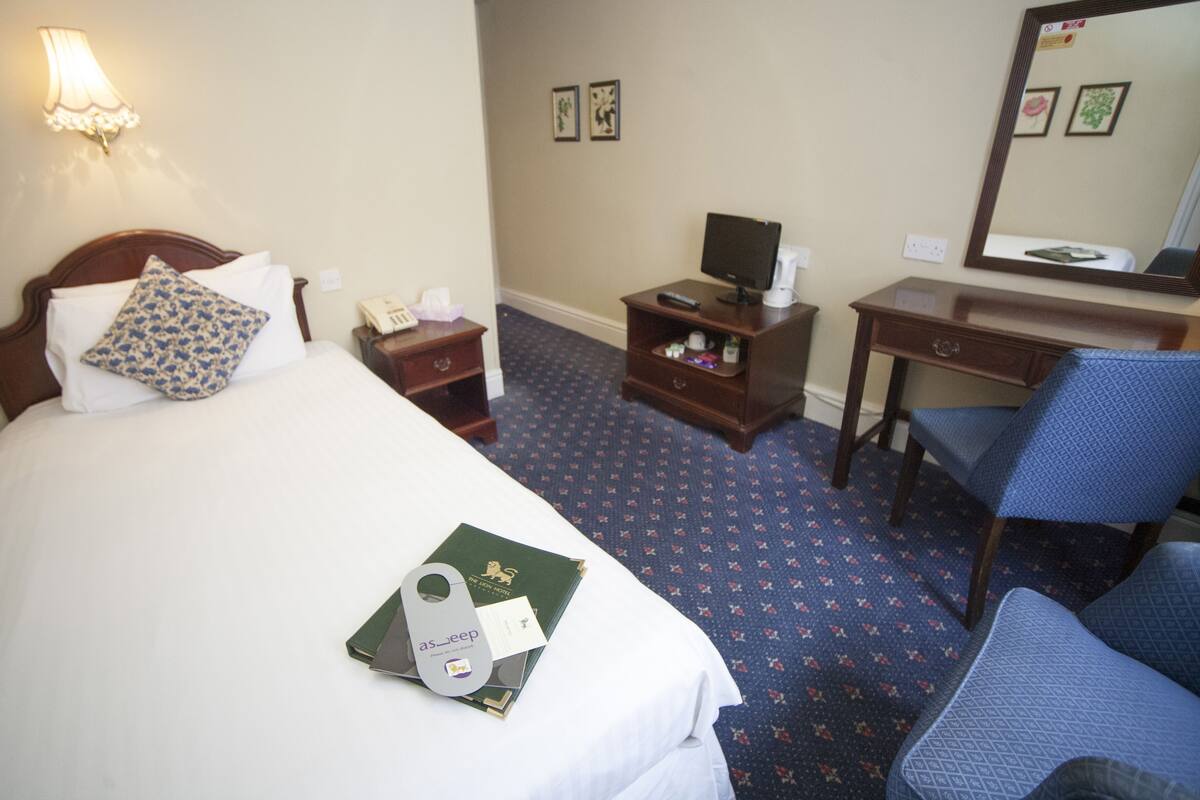 Una habitación de hotel con cama, escritorio, silla, televisor y espejo.