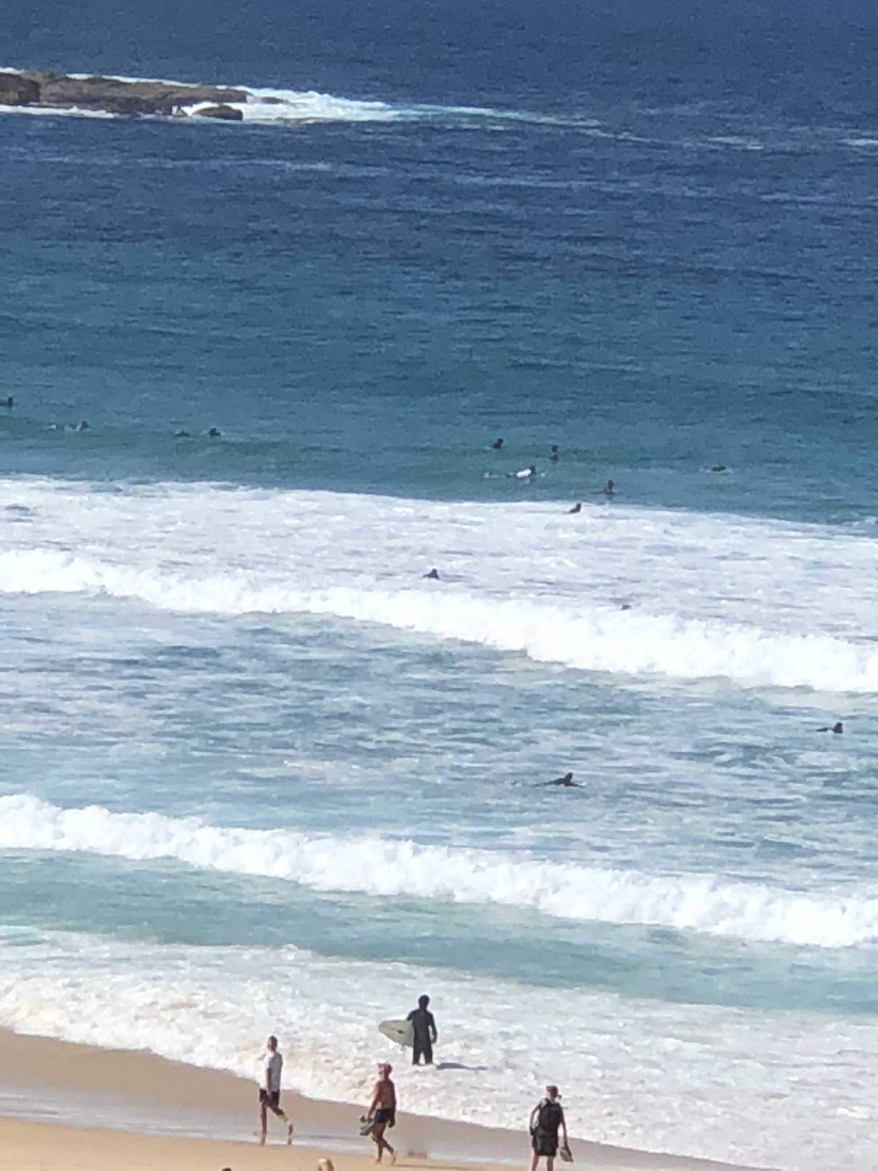 A beach with waves, people walking, and surfers in the water.