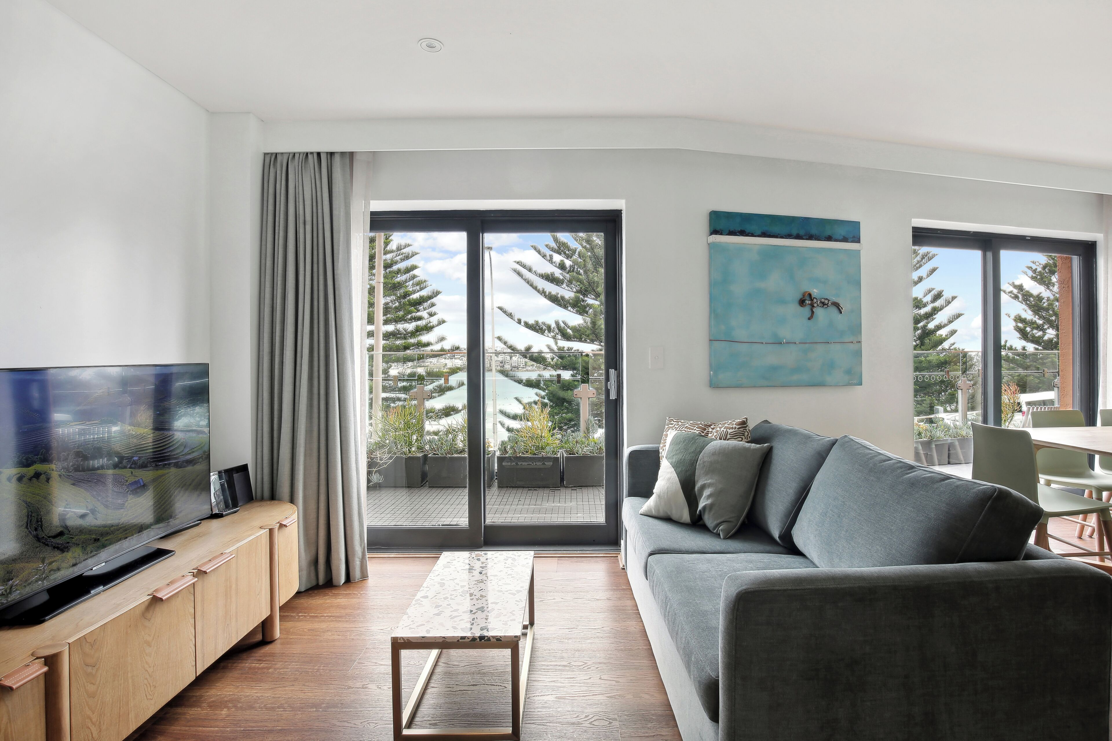 50-inch flat-screen TV with digital channels, TV, iPod dock