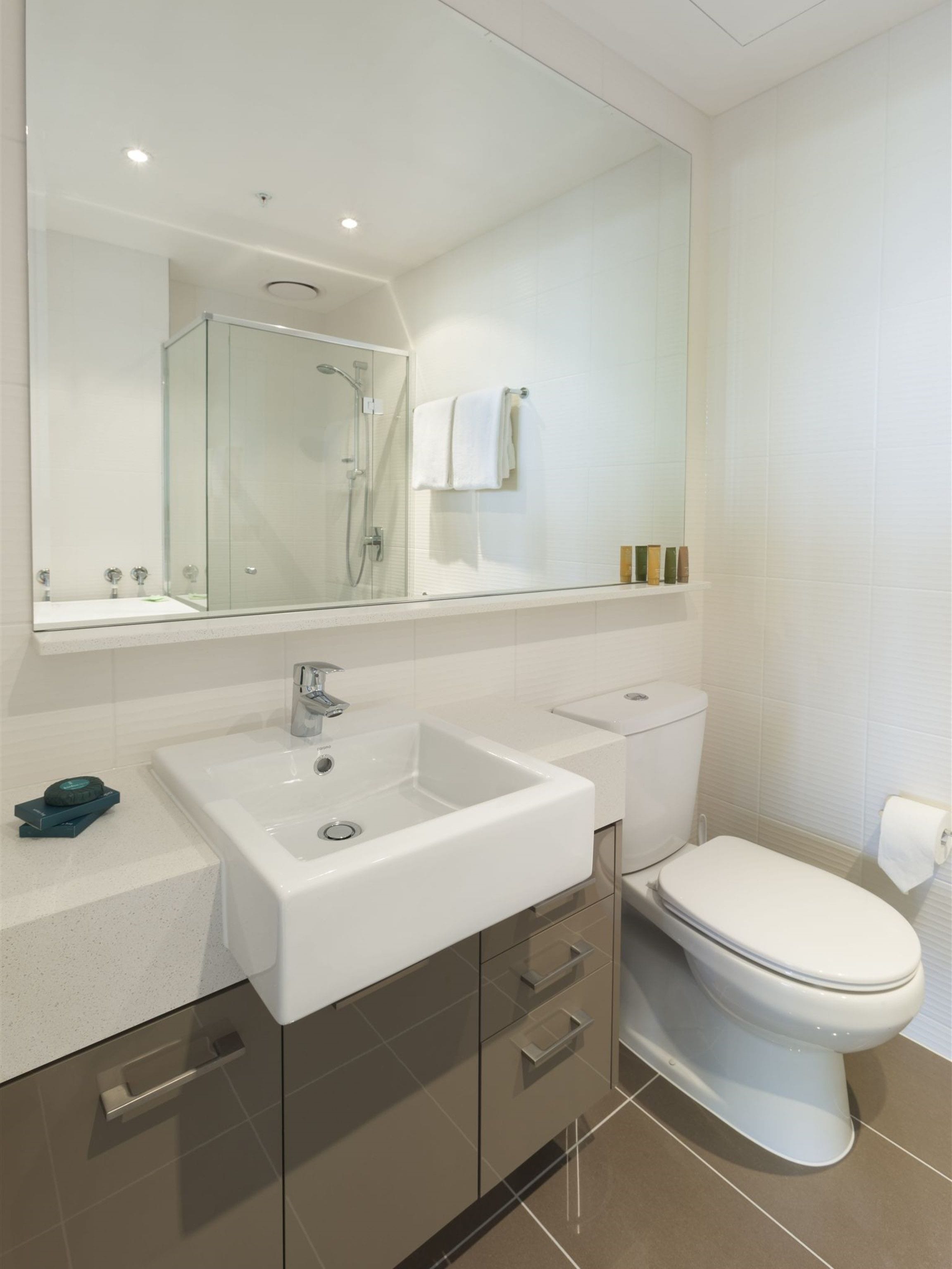 combined shower/bathtub, free toiletries, hair dryer, towels