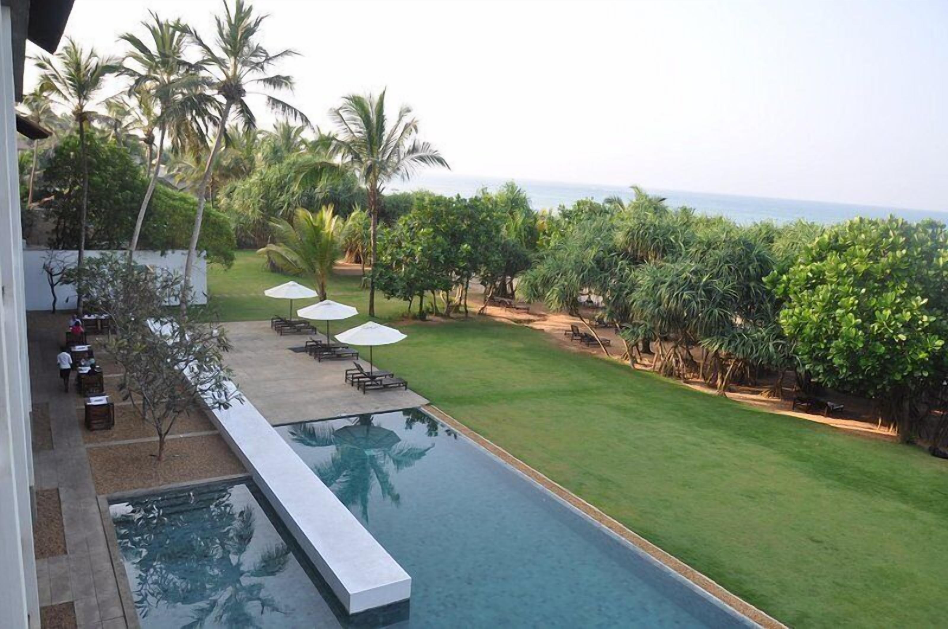 A poolside area with a view of the ocean, surrounded by palm trees and greenery.
