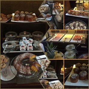 A breakfast buffet with various pastries, a cake, and condiments. - Hotel Mulino Grande (Cusago)