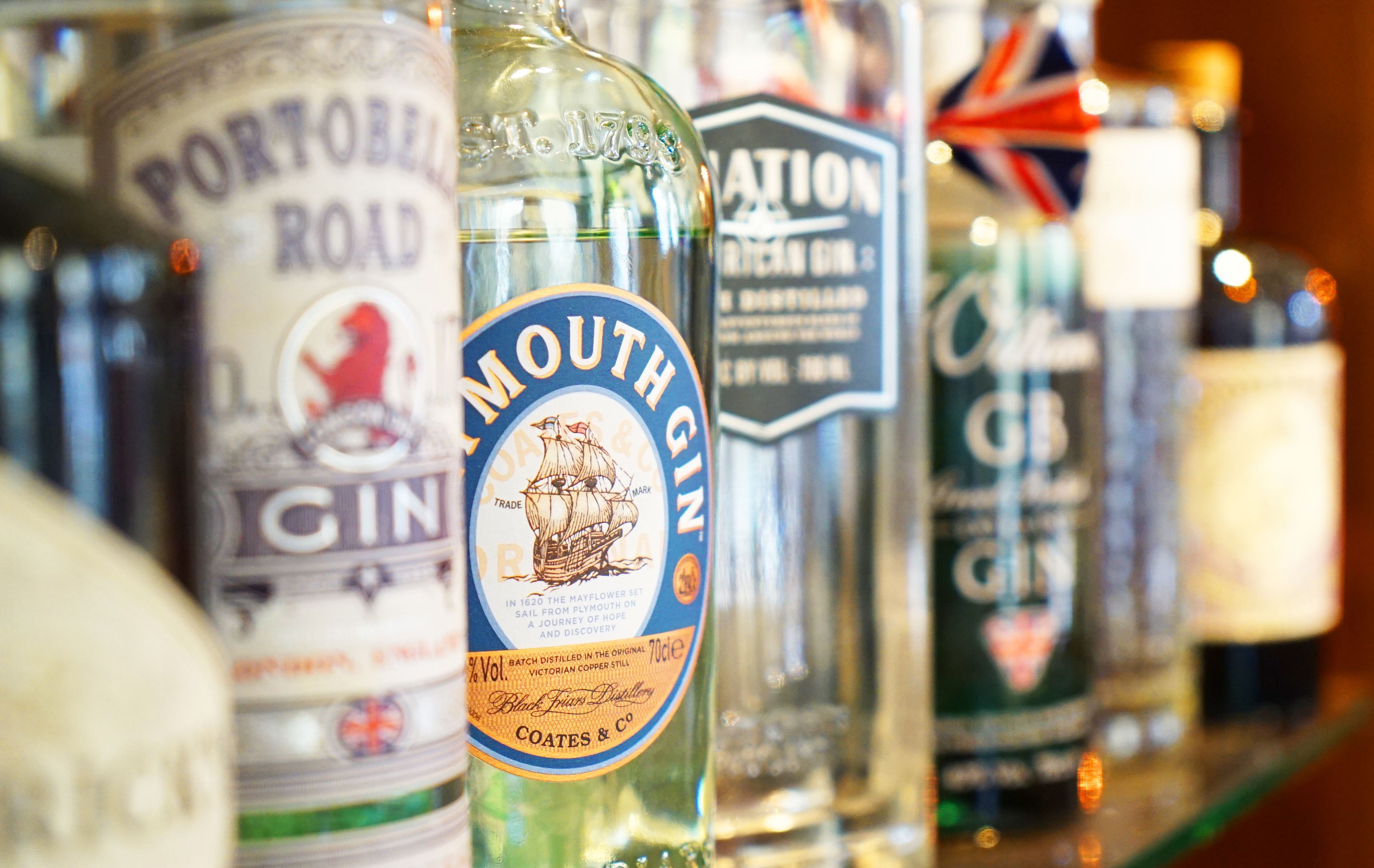 A row of bottles on a shelf, including brands like Portobello Road Gin and Mouth Gin.