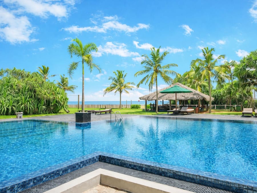 Outdoor pool, pool umbrellas, pool loungers