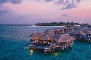 Overwater bungalows with thatched roofs, connected by walkways, and a clear view of the ocean.