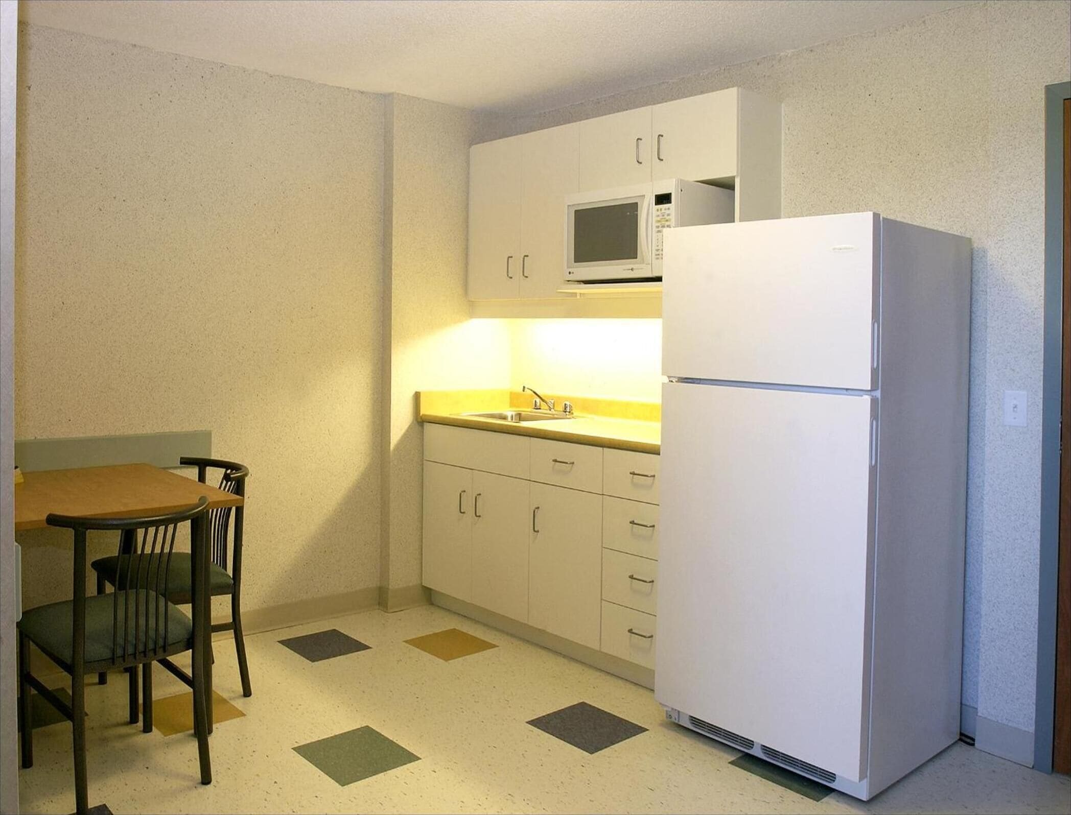Full-size fridge, microwave, dining tables