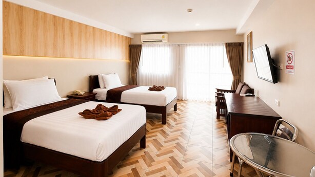 A hotel room with two beds, a desk, a chair, and a television. - Harmony Inn (Pattaya)