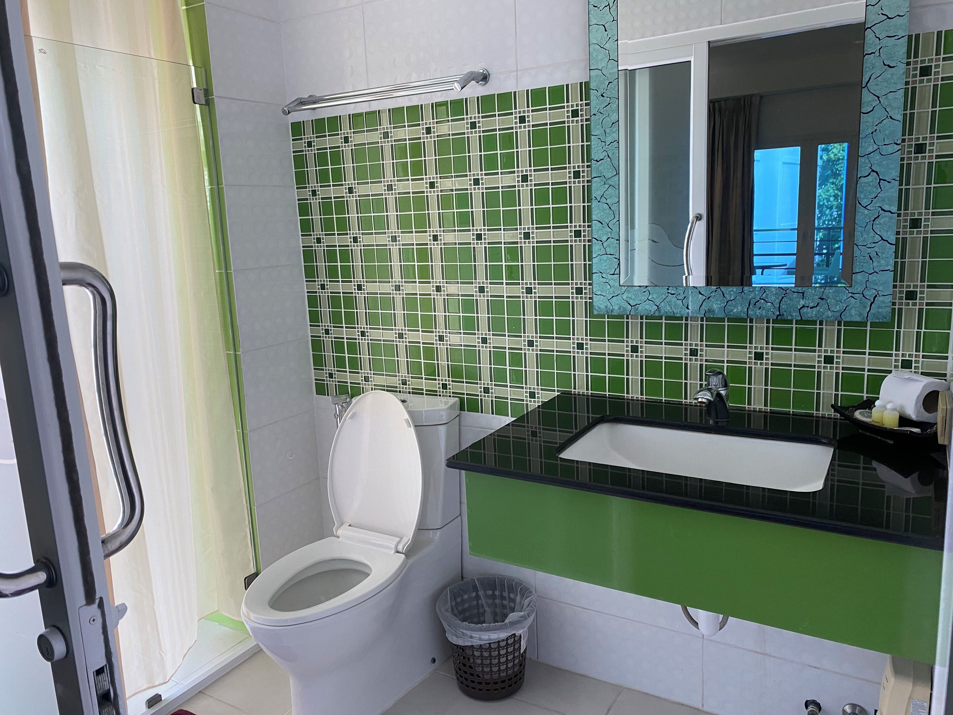 room | bathroom | shower, bidet, towels, soap