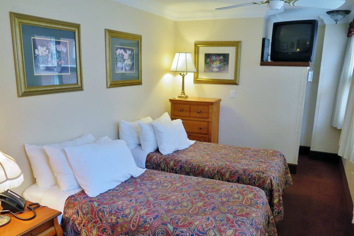 A hotel room with two beds, a wooden dresser, a lamp, a telephone, and a television on the wall.