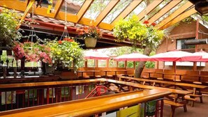 A restaurant with wooden tables and benches, hanging plants, and red umbrellas. - Madison Manor Boutique Hotel (Toronto)