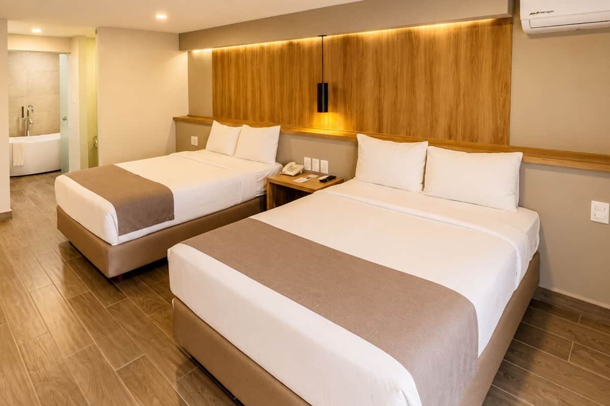 Standard Room, 2 Double Beds, Pool View | In-room safe, desk, WiFi (free), bed sheets