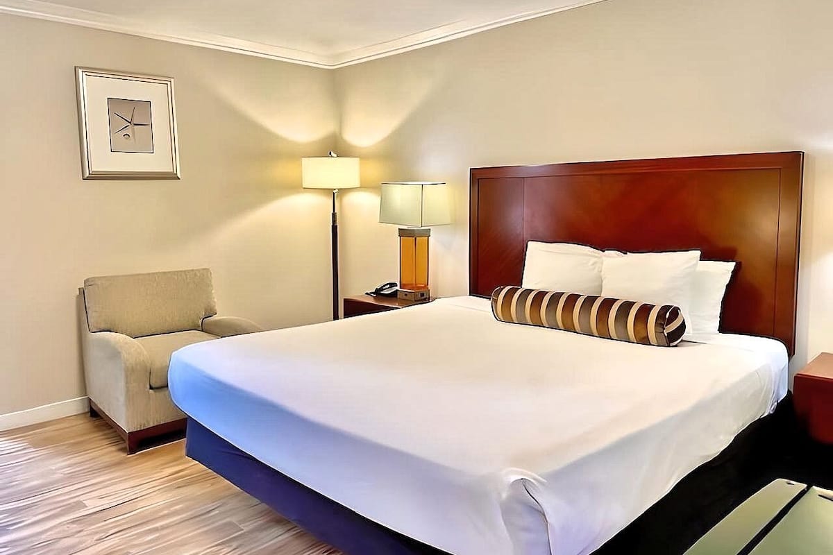A hotel room with a large bed, a chair, a nightstand with a lamp, and a framed picture on the wall.
