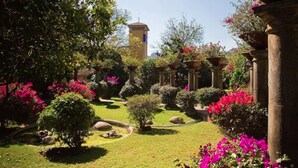 A garden with well-maintained hedges, flowering plants, and a clear sky. - Casa Bugambilia (Tepoztlán)