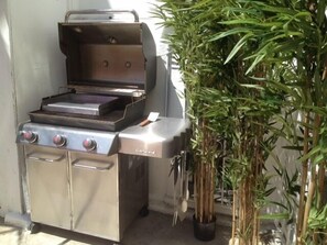 Ein tragbarer Genstar-Grill mit flacher Grillfläche und Seitenbrenner, neben einem Blumentopf platziert.