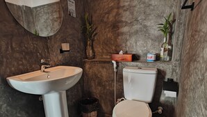 A bathroom with a pedestal sink, toilet, and a mirror. There are two potted plants on the wall, a shelf with toiletries, and a trash bin. - Palmyrah Residencies (Colombo)