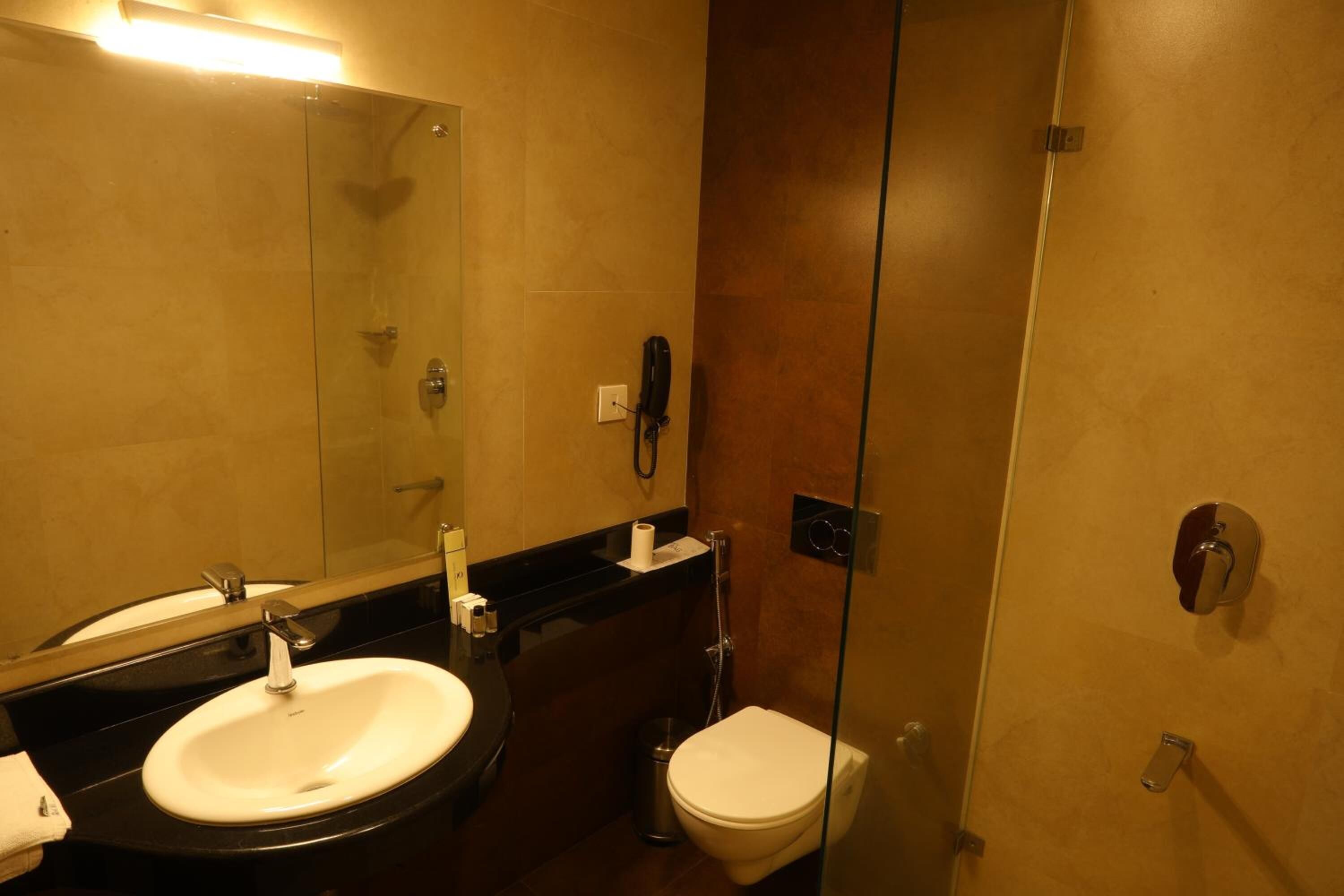 combined shower/bathtub, deep-soaking bathtub, free toiletries