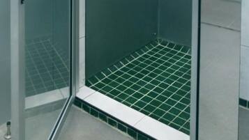 A glass-enclosed shower with a tiled floor and a white door.