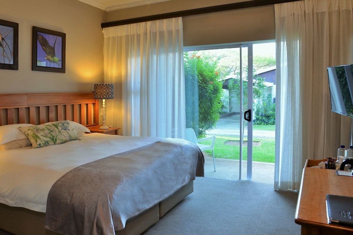 Habitación de hotel con una cama grande, cabecera de madera, dos cuadros enmarcados en la pared, un televisor y vistas al exterior a través de una puerta corrediza de vidrio.