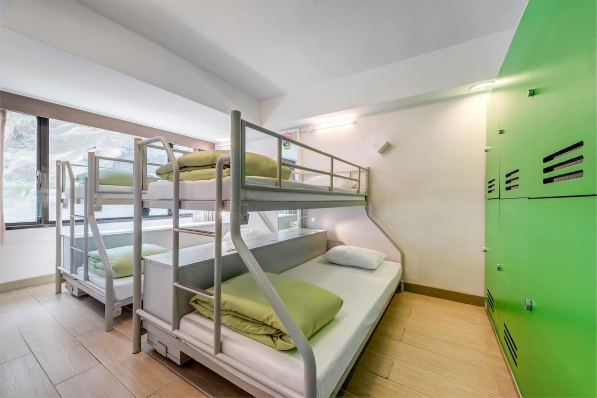 A bunk bed room with a green wall and a window.