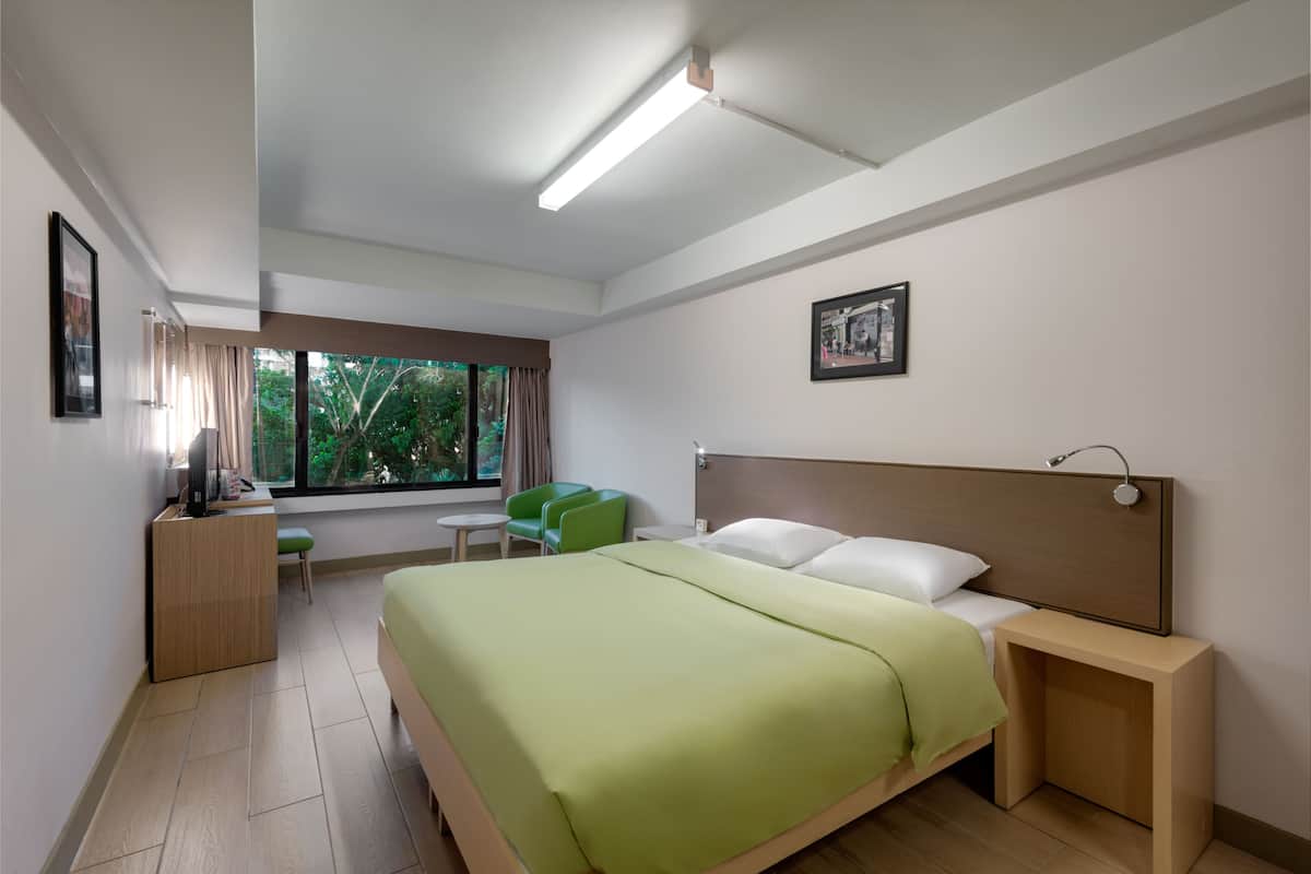 A modern hotel room with a large bed, a desk, a chair, and a window with a view of trees.