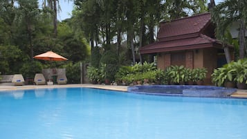 Outdoor pool, pool umbrellas, pool loungers