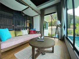 Private Pool Villa 1 Bedroom | Living room | 30-inch flat-screen TV with cable channels, TV
