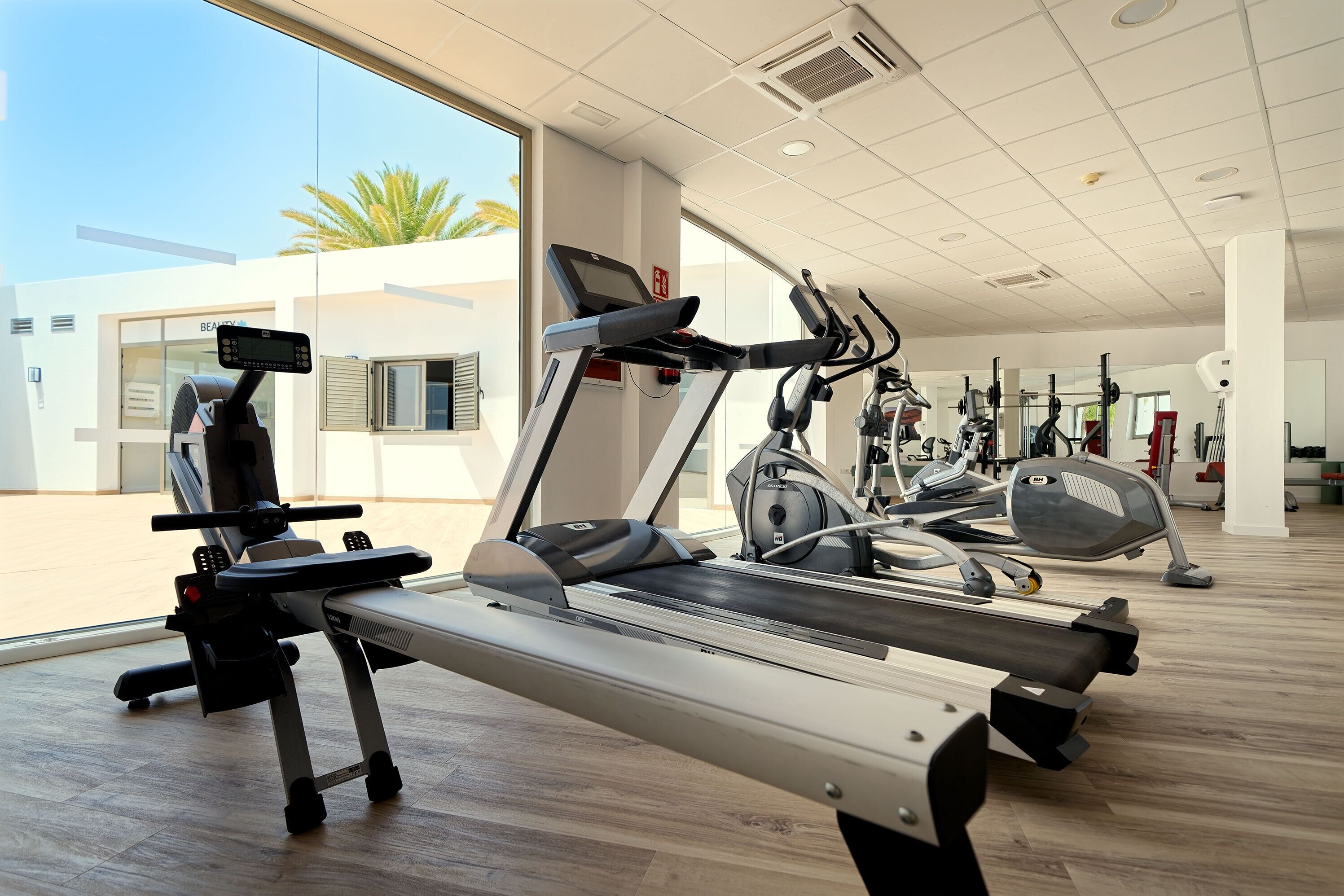 A gym with treadmills, elliptical machines, and weight equipment.