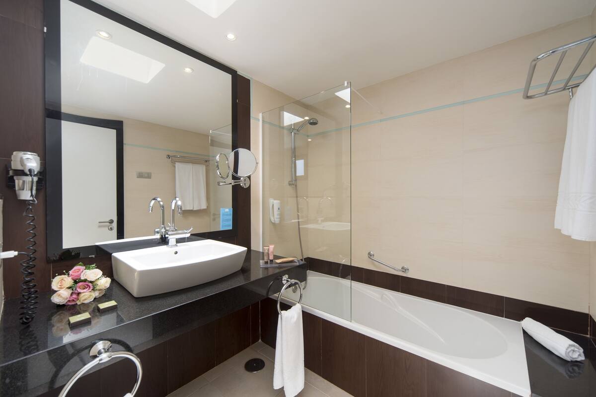 free toiletries, hair dryer, towels