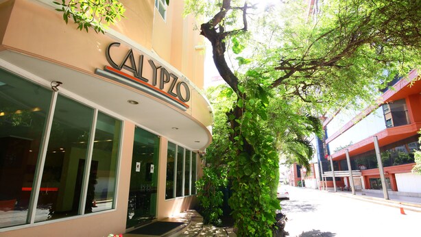 En byggnad med en skylt där det står ”CALYPZO” och en trappa som leder upp till entrén.